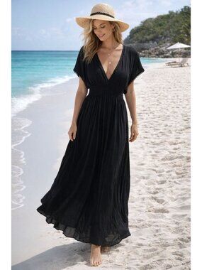 Victorias Secret Black Maxi Resort Swim Cover Up Dress Empire Waist M Travel Sex